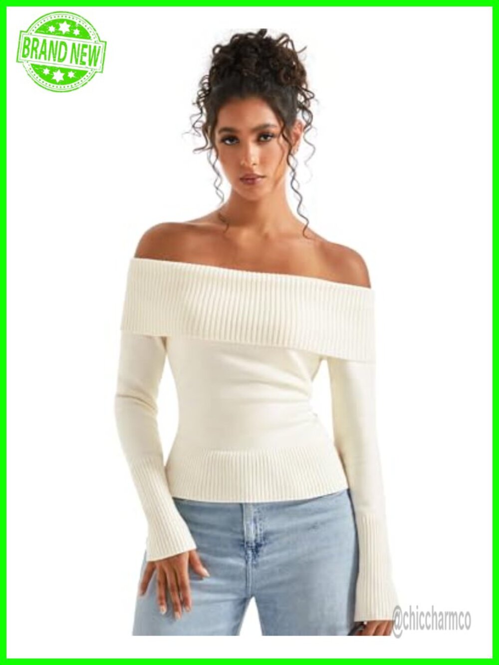 Off Shoulder Ribbed Knit Pullover Sweater Long Sleeve Fitted Casual Top